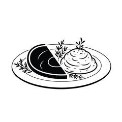 Black and white illustration of steak and mashed potatoes on a plate