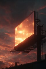 Radiant Sunset Reflection on Angled Urban Billboard, Illuminating Dramatic Cloudscape at Golden Hour.