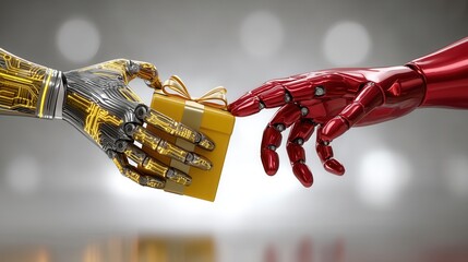 christmas future Robotic hands exchanging a gift box in a futuristic setting.