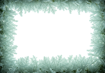 Intricate macro view of dendritic ice crystals and frosted fern fronds forming a glowing, elegant border with light green haze against a transparent background, concept of winter luxury framing