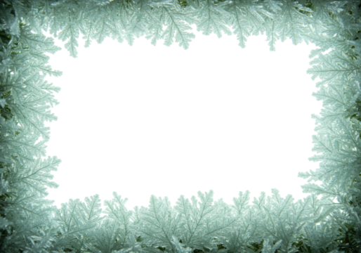 Intricate macro view of dendritic ice crystals and frosted fern fronds forming a glowing, elegant border with light green haze against a transparent background, concept of winter luxury framing