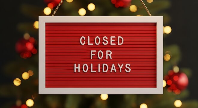 Closed for holidays sign board with festive decor perfect for business, retail store, office Christmas and New Year holidays amidst seasonal greenery and holiday cheer
