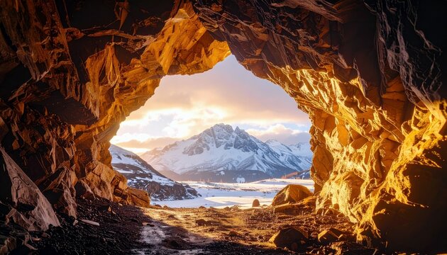 A dramatic view of snow-capped mountains and a cloudy sky is seen through the opening of a rocky cave, illuminated by warm, golden sunlight. - Powered by Adobe