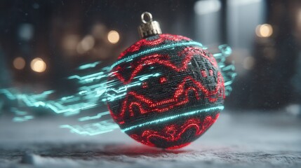 christmas future Spinning Christmas ornament with glowing effects and blurred background.