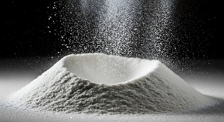Abstract White Powder Mountain with Sparkling Particles on Dark Background, Conceptual Fine Granules Composition