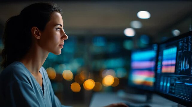Focused young woman with closed eyes sits at a desk in a modern office at night, illuminated by computer screens displaying colorful data charts. She appears calm and concentrated