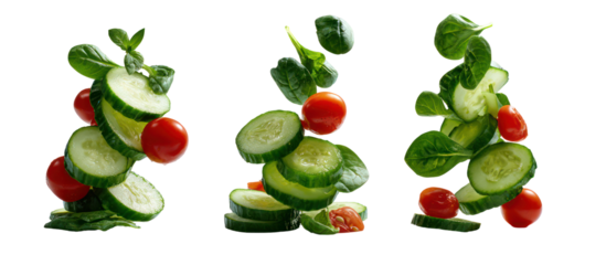 Three stacks of fresh vegetables floating isolated on transparent background