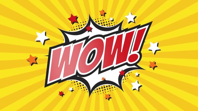WOW - Comic Pop Art text video 4K, chroma key version included. Vintage colorful cartoon animation with explosion of speech bubble message.