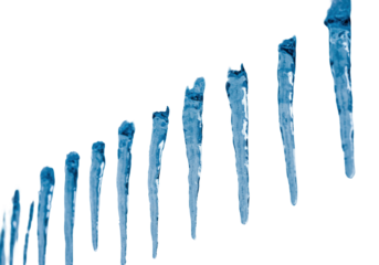 ultra-photorealistic macro view of razor-sharp, deep sapphire blue crystalline icicles, hanging from a rime-frosted ice block, dramatic high-contrast lighting. concept of frozen minimalism