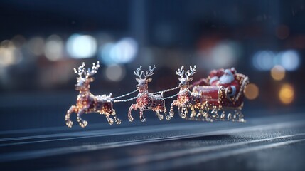 christmas future Magical sleigh with reindeer against a blurred festive background.
