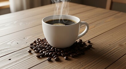 Aromatic Steaming Coffee in White Mug Surrounded by Dark Roasted Beans on Rustic Wooden Table.