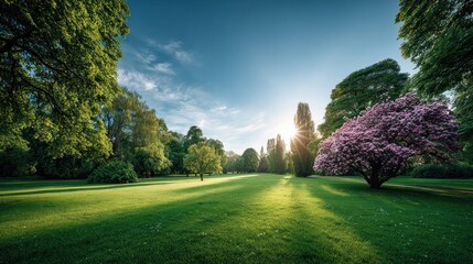 Beautiful sunny day in a lush green park with trees and a vibrant blue sky