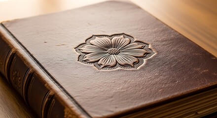 Close-Up View of a Brown Leather-Bound Book with a Floral Design Embossed on the Cover on a Wooden Table