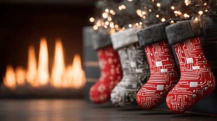 christmas future Stockings hang by a cozy fireplace with festive lights twinkling softly.