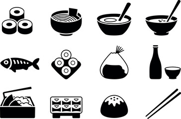 Japanese Food Icons Illustration Featuring Sushi Ramen and Other Delights