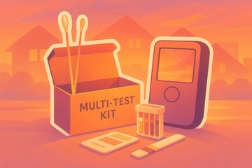 Innovative multi test kit for home healthcare providing user friendly diagnostics in an engaging illustration featuring essential testing components and technology