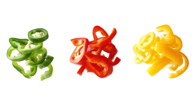 Three colorful sliced bell peppers isolated on transparent background