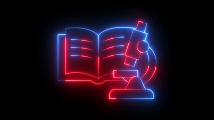 glowing neon science research book with microscope icon animation on black background. microscope and science book icon, symbolizing scientific discovery and learning, perfect for educational themes.