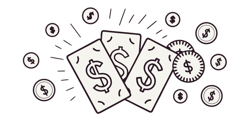 Hand drawn illustration of money cards and coins representing wealth and finance