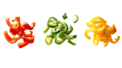 Three colorful sliced bell peppers arranged like monsters isolated on transparent background