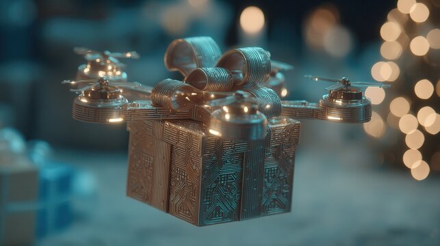 christmas future A drone delivering a gift box in a festive setting.