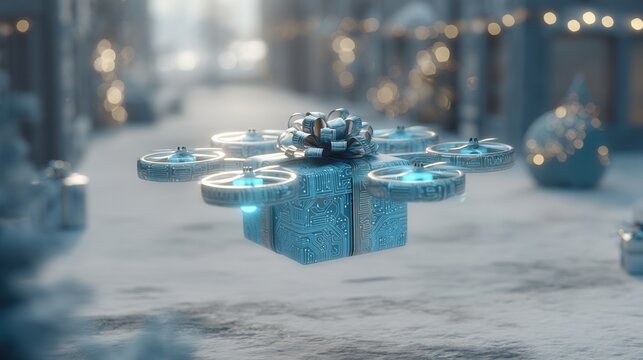 christmas future A futuristic drone delivering a gift in a snowy setting. - Powered by Adobe