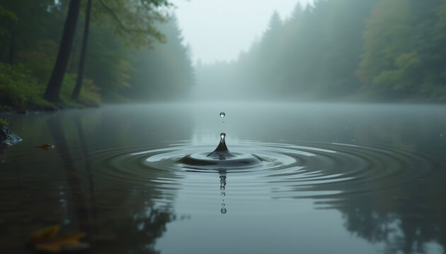 Water droplet creating ripples on serene lake in foggy forest  