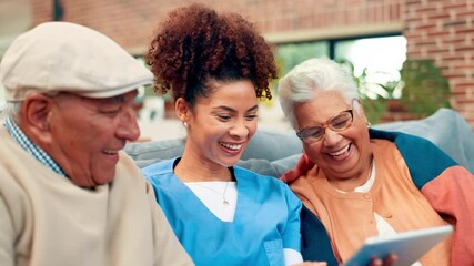 Smile, caregiver and senior couple with tablet for social media, reading meme and streaming video. Elderly people, volunteer and laughing with digital app, browsing internet and comedy joke at house - Powered by Adobe