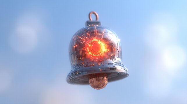 christmas future Futuristic bell with a glowing circuit design in the sky.