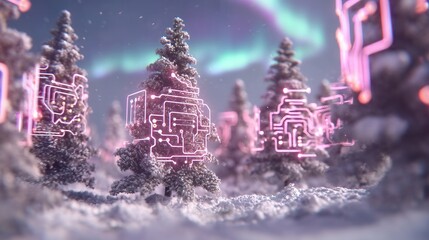 christmas future Futuristic snowy landscape with glowing digital elements among trees.
