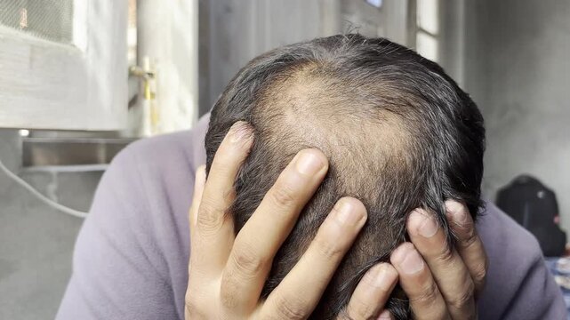 Closeup footage of a young boy showing his bald scalp feeling depressed and anxious as hairfall continuous. Young boys facing hairfall and dandruff nowadays. A man showing his hair thinning.