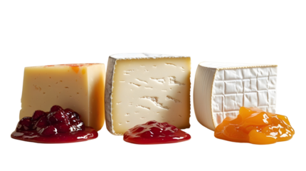 Three distinct cheese wedges are arranged side by side on a soft, beige background, accompanied by different types of jam isolated on a transparent background.	