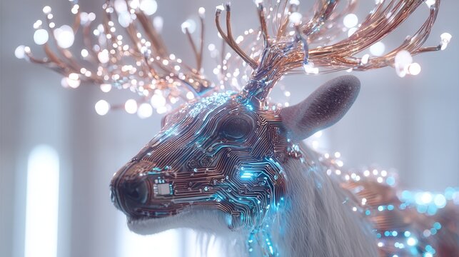 christmas future Stylized deer head with glowing antlers and digital motifs. - Powered by Adobe