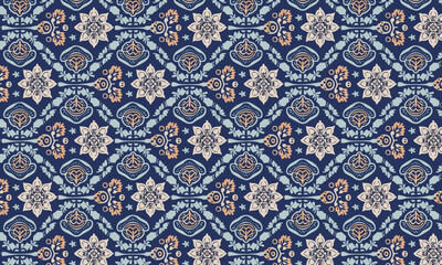 Seamless Royal Blue Ethnic Damask Pattern, Nordic Scandinavian Folk Art Floral Vector Background © Bayanakun