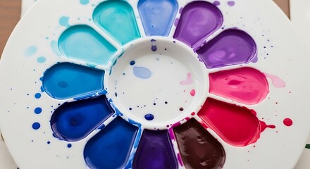 Colorful Watercolors Palette: Artistic Arrangement of Vivid Hues in a Circular Tray for Creative Art Projects and Design.
