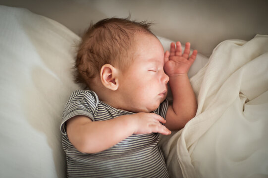 A newborn baby sleeps soundly, resting on a soft surface with a calm expression. The gentle light creates a serene atmosphere, showcasing the innocence of early life.