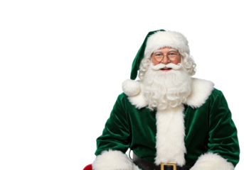 Elderly caucasian santa claus figure in rich emerald green velvet and white shearling fur, sitting relaxed on a transparent seamless background with copy space, warm holiday greeting concept