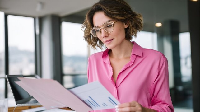 Inside a contemporary office with large windows, a businesswoman in a pink blouse examines forex candlestick charts, demonstrating her analytical skills and determination to succeed in trading