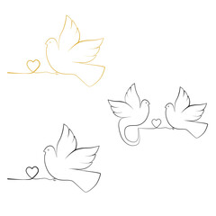 Dove Vector Icon Set, Collection of Peace and Love Symbols in Silhouette and Line Art Styles.