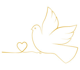 Golden Dove Line Art Vector Illustration, Peace and Love Symbol with Heart for Wedding Invitations.