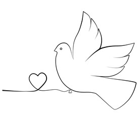 Flying Dove with Heart Line Art Illustration, Vector for Coloring Pages and Wedding Invitations.