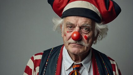 A portrait of an elderly man dressed as a clown with a large red nose.
