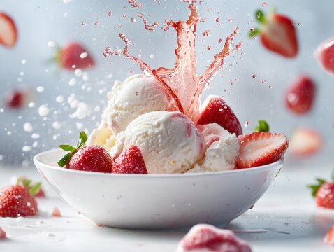 Delicious bowl of vanilla ice cream topped with fresh strawberries and a splash of strawberry syrup during bright summer day - Powered by Adobe