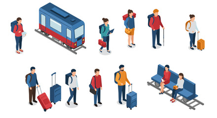 Obraz premium Isometric travelers with luggage boarding train and waiting on platform