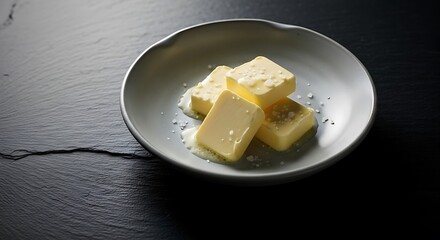 Fresh butter cubes on a plate with coarse salt, ready for cooking and flavoring delicious recipes.