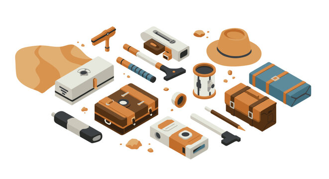 Adventure exploration gear isometric set featuring camping and travel essentials