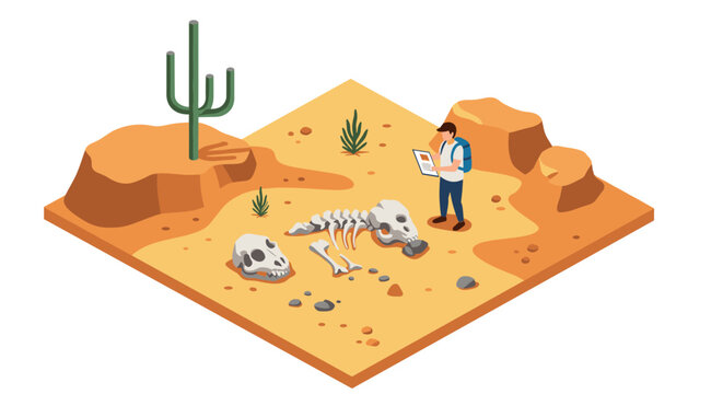 Archaeologist discovering dinosaur fossil in isometric desert scene
