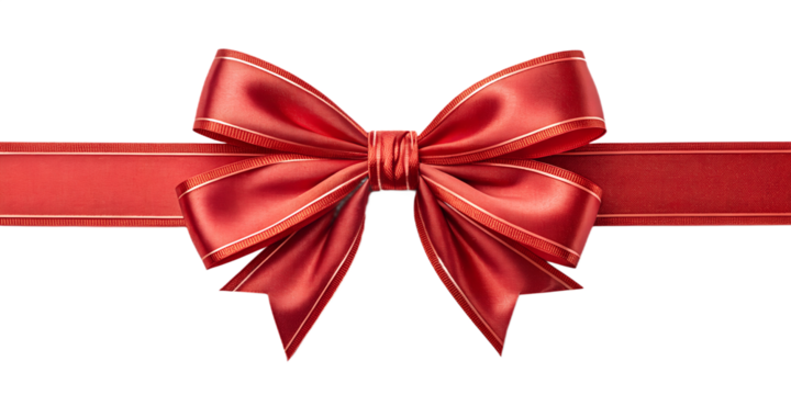 Classic shiny red Christmas gift bow with smooth loops and perfect ribbon folds. Isolated on transparent PNG for holiday packaging, banners, ads, and festive designs.