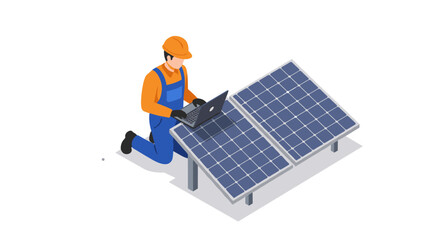 Technician in hard hat working on solar panels with laptop in isometric style