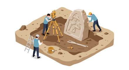 Archaeologists conducting excavation of ancient relic in isometric dig site